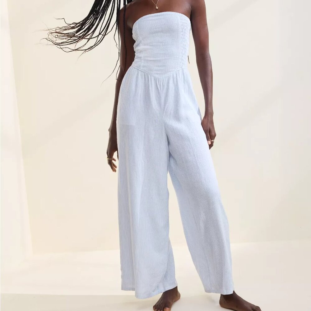 Aerie Women's Monaco Blue Strapless Neck Pullover Smocked Jumpsuit Size M